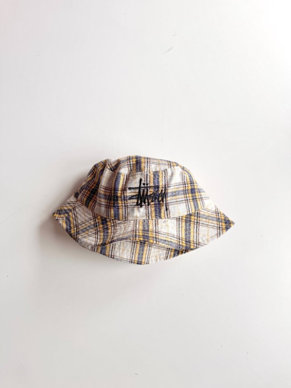 STUSSY Yellow Madras Plaid Embroidered Big Logo Bucket Hat, Size S/M